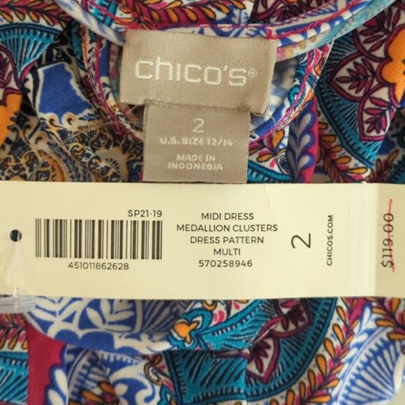 Chico's Medallion Clusters Multi Asymmetrical Hem Midi Dress Size 12/14 NWT - Picture 10 of 10